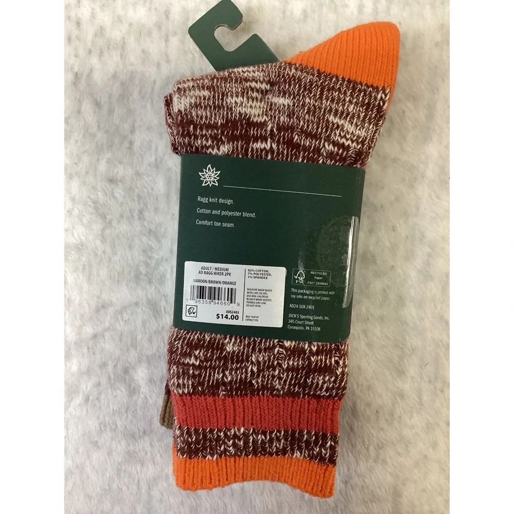 Alpine Design 2PK Ragg Hiker Crew Socks Maroon Brown Orange Mens 4-8 Womens 5-10